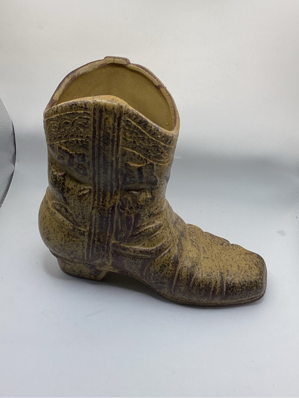 Vintage Clay Cowboy Boot Planter, Brown Glaze Flowers And Butterflies, 6 1/2”